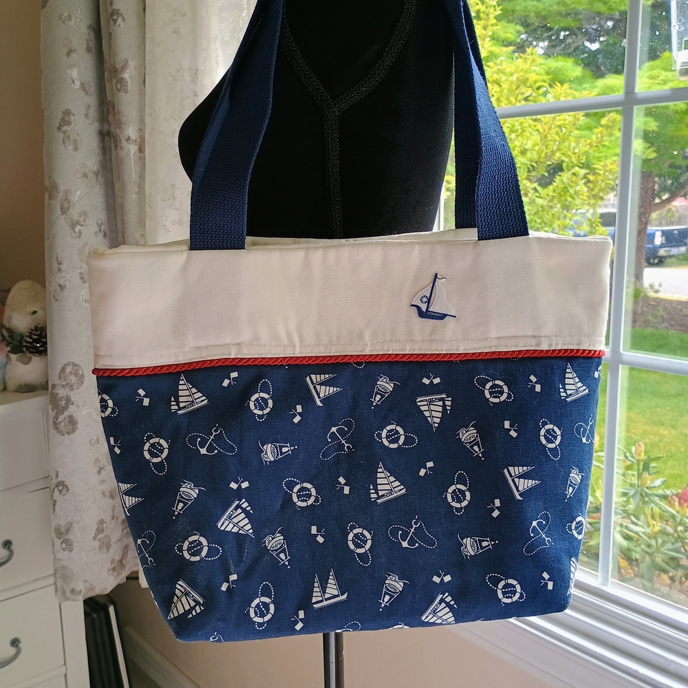 Sailboat Patterned Blue and White Tote
